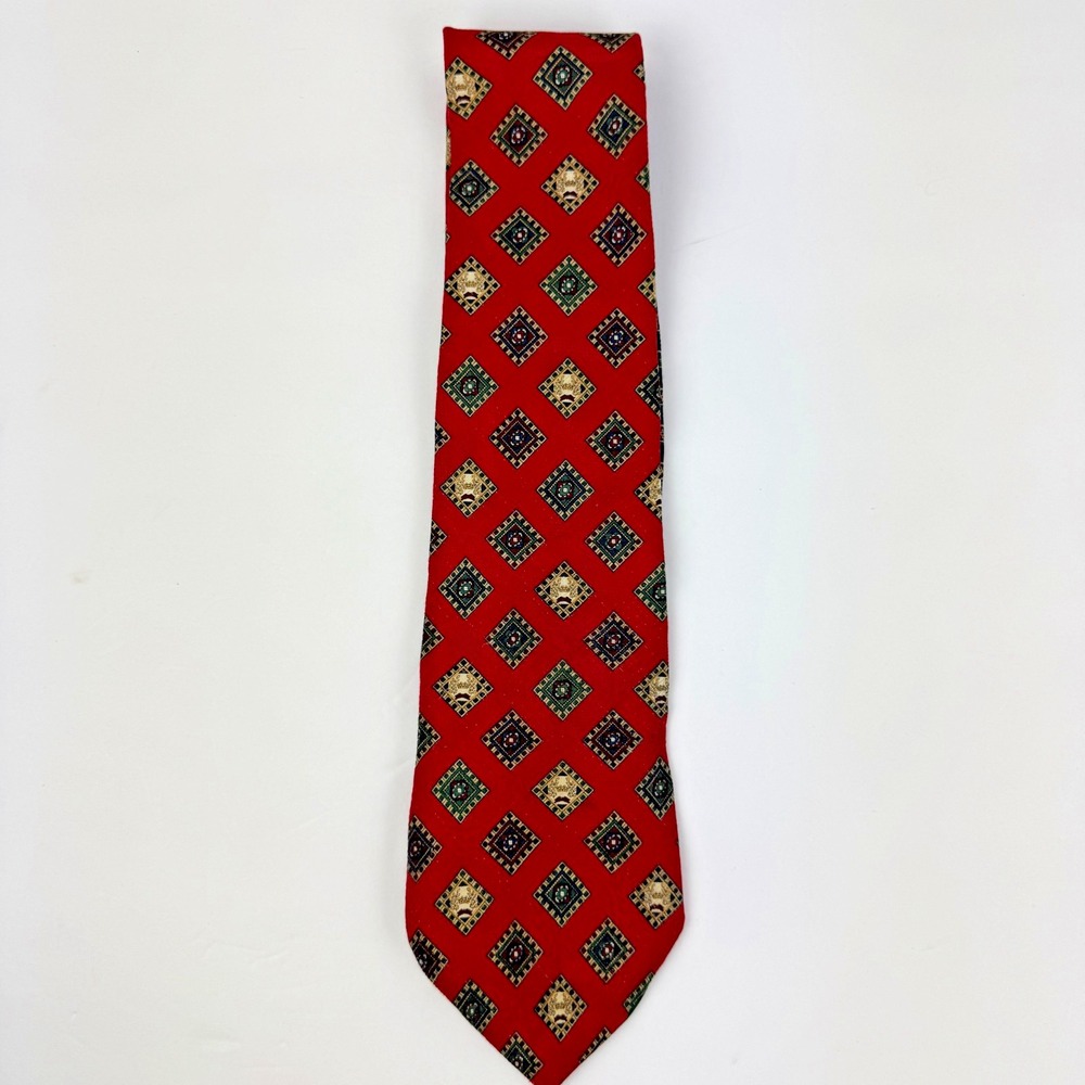 Tommy Hilfiger Men's Tie Red Geometric Foulard 100% Italian Silk Necktie